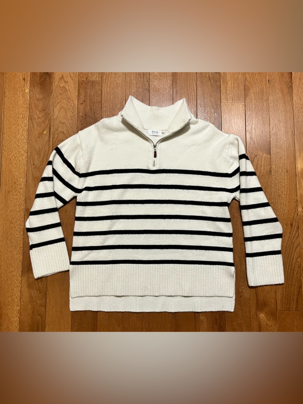 Bluivy White and Black Striped Half-Zip Turtleneck Sweater